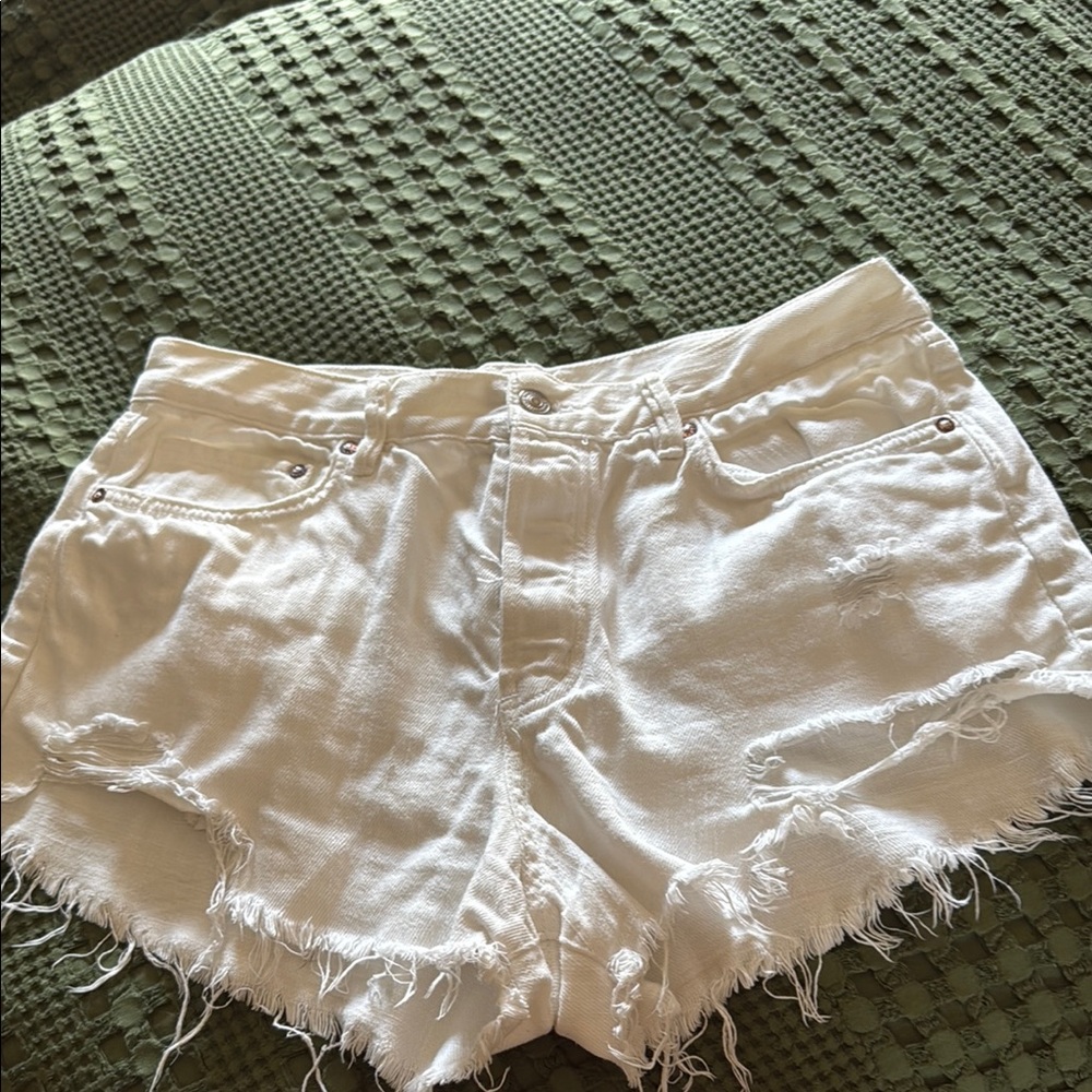 We The Free FP White Jean Shorts Distressed Frayed Hem